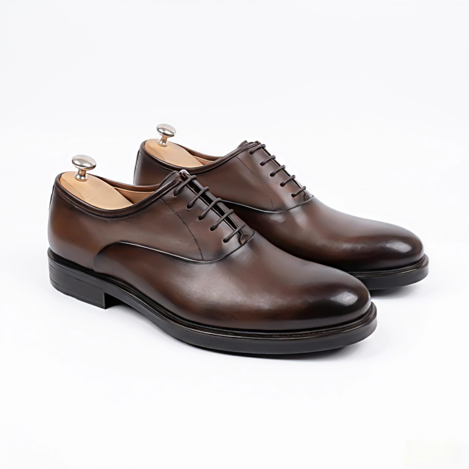 Brown Hand Burnished Plain Toe Oxford Dress Shoe